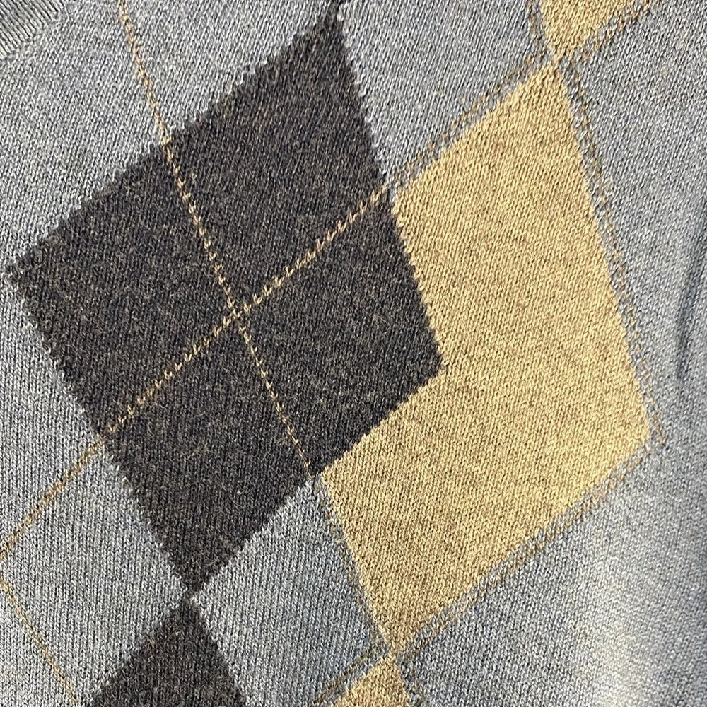Banana Republic Sweater Preppy Silk Cotton Cashmere Argyle V-Neck Blue Size M